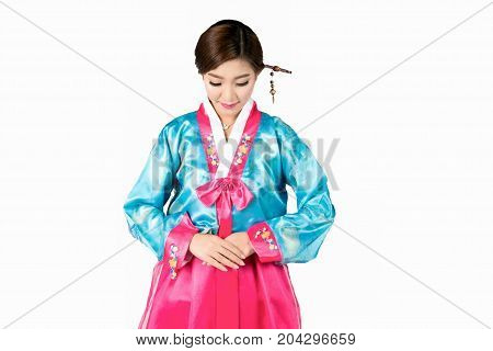 Korean Woman with Hanbok the traditional Korean dress in white background with clipping path.