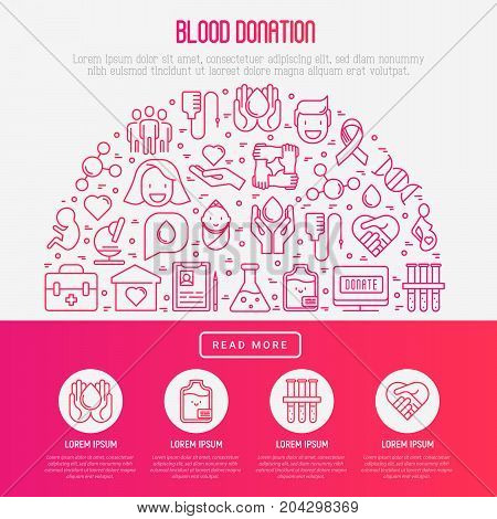 Blood donation concept in half circle with thin line icons and place for text inside. World blood donor day. Vector illustration for web page, banner, print media.