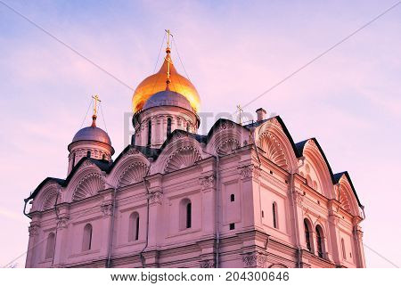Archangels church of Moscow Kremlin. UNESCO World Heritage Site. Color photo. Blue sky background.