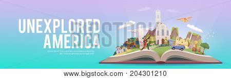Travel to South America. Road trip. Tourism. Open book with landmarks. South America Travel Guide. Advertising web illustration. Summer vacation. Travelling banner. Modern flat design.