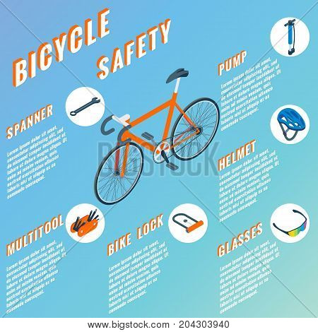 Bicycle Safety concept infographic. Vector set of bicycle parts isolated isometric icons. Bicycle objects and design elements. Bike repair gears.