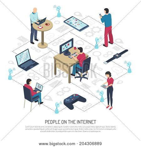 People with electronic devices on internet, satellite dishes with wifi on white background isometric vector illustration
