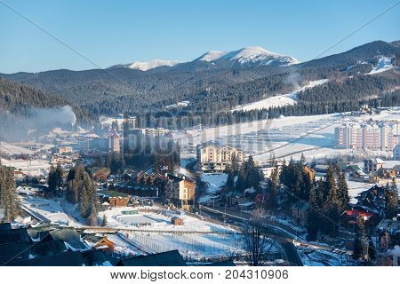 Shot Of A Ski Resort In The Mountains On A Sunny Winter Day Nature Travel Tourism Concept