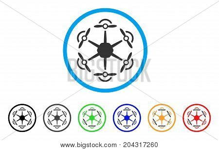 Flying Hexacopter icon. Vector illustration style is a flat iconic flying hexacopter gray rounded symbol inside light blue circle with black, gray, green, blue, red, orange color versions.