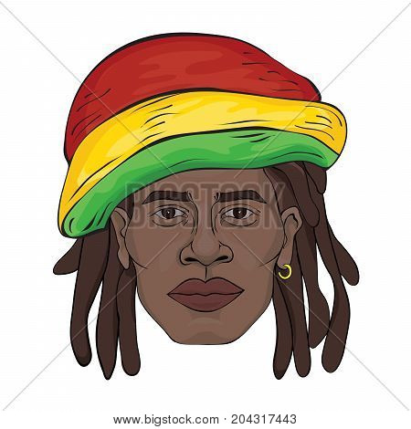 Portrait of rastaman. The black man's face in a Rastaman hat. Vector illustration, isolated on white background.