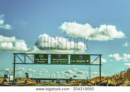 Road signs in Interstate 5 southbound. California USA