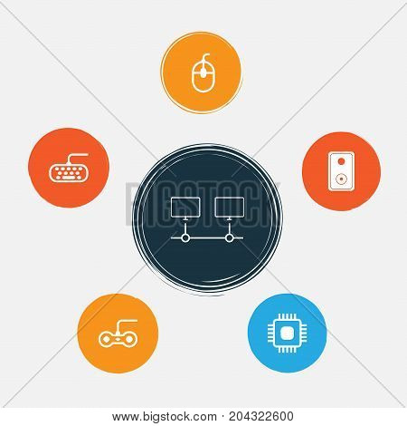 Hardware Icons Set. Collection Of Computer Keypad, Connected Devices, Audio Device And Other Elements