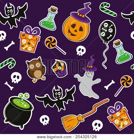 cute halloween icons seamlles pattern on purple