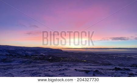 Sunrise with colorful sky on Sudurland in Iceland