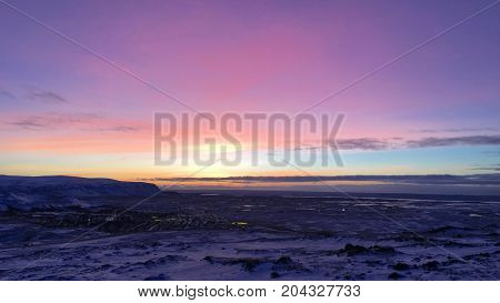 Sunrise with colorful sky on Sudurland in Iceland