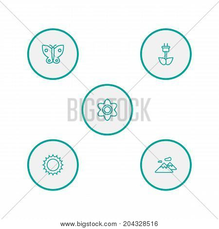 Collection Of Flower, Eco Energy, Butterfly And Other Elements.  Set Of 5 Bio Outline Icons Set.