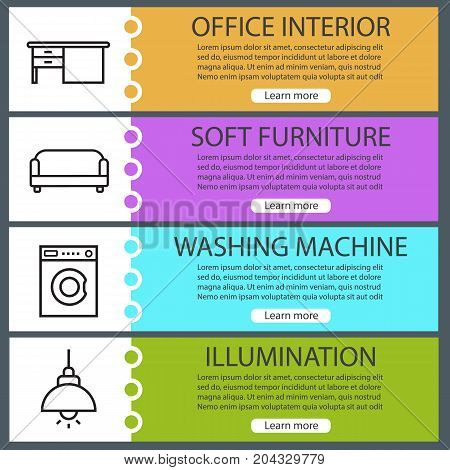 Furniture web banner templates set. Writing desk, sofa, washing machine, ceiling lamp. Website color menu items with linear icons. Vector headers design concepts