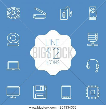 Collection Of Powerbank, Headphone, Floppy And Other Elements.  Set Of 12 Laptop Outline Icons Set.