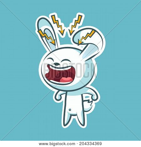 Sticker emoji emoticon emotion, scream with rage, lightning vector isolated illustration character sweet, cute white rabbit, bunny, hare, coney, cony, lapin for happy Easter mobile app