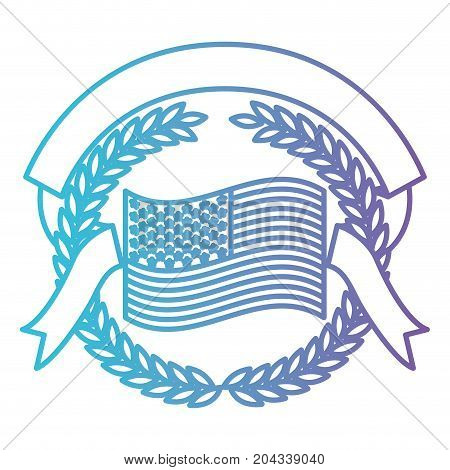 united states flag with olive branch crown with entrelace ribbon on top with folds in color gradient silhouette from purple to blue vector illustration