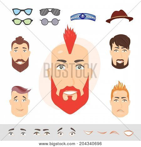 Man face emotions constructor. Hipster parts eyes lips beard mustache avatar creator vector cartoon character creation spare parts spares animation.
