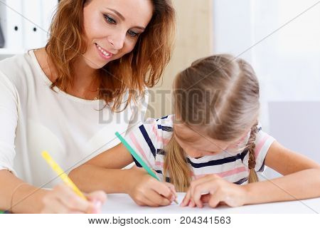 Blond Little Girl Hold In Arm Pencil Drawing Something