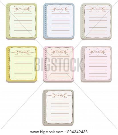 The sheets of the planner in a cute dashed line. Diary.To Do List. The names of the days of the week. The Style Of Provence. Gentle colors. Vector illustration.