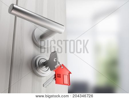 Door with keys, new home, open room, 3d render illustration