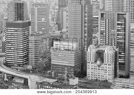 Black and White Osaka business downtown building close up Japan