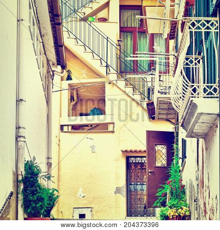 Narrow Street as Stairs in Italian City of Cetara Instagram Effect