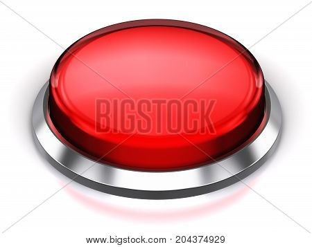 3D render illustration of the red glossy push press button or icon with shiny metal bezel isolated on white background with reflection effect