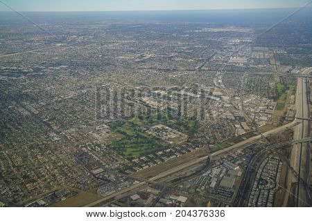 Aerial View Of Downey, View From Window Seat In An Airplane