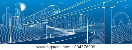 Monorail in mountains. Illuminated highway. Transportation illustration. Tower and skyscrapers, modern city, business buildings. Night scene. White lines on blue background. Vector design art