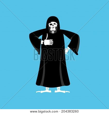 Grim Reaper Thumbs Up. Death Winks. Skeleton In Black Cloak Cheerful. Vector Illustration