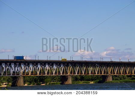Bridge with traffic over the Dnieper river in Kremenchug Ukraine