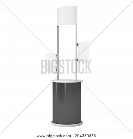 Stall or Kiosk Modern Promostand Reception Desk. Trade show booth white and blank. 3d render illustration isolated on white background. Template mockup for your expo design.