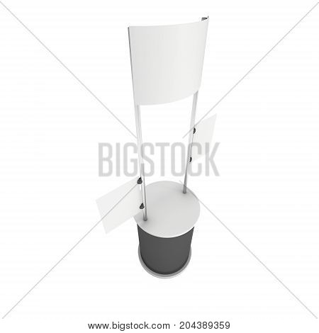 Stall or Kiosk Modern Promostand Reception Desk. Trade show booth white and blank. 3d render illustration isolated on white background. Template mockup for your expo design.