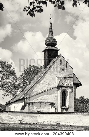 Chapel of Our Mother God near Veveri castle Moravia Czech republic. Travel destination. Religious architecture. Black and white photo.