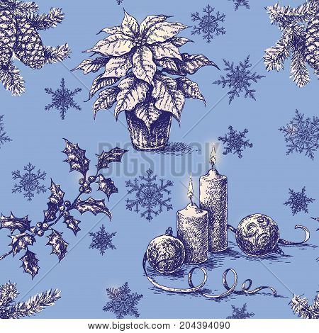 Seamless pattern made with Christmas and New Year holidays decorations. Hand drawn Christmas plants candles and snowflakes on blue background. Vector sketch.
