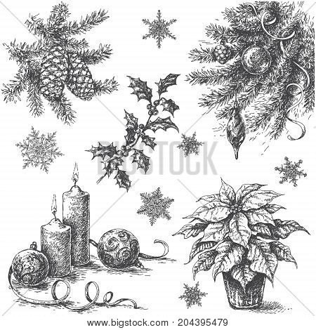 Monochrome Set of Christmas and New Year holidays decorations. Hand drawn Christmas plants candles and snowflakes isolated on white background. Vector sketch.