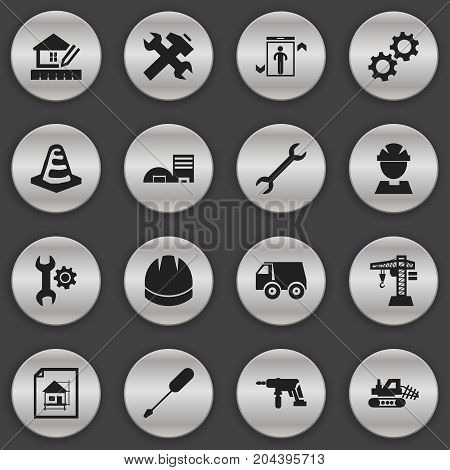 Set Of 16 Editable Construction Icons. Includes Symbols Such As Electric Screwdriver, Cogwheel, Estate And More