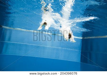 a young couple is jumping into the water from a diving plattform