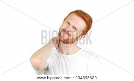 Portrait Of Red Hair Man Having Neck Pain , Feeling Exhausted , White Background