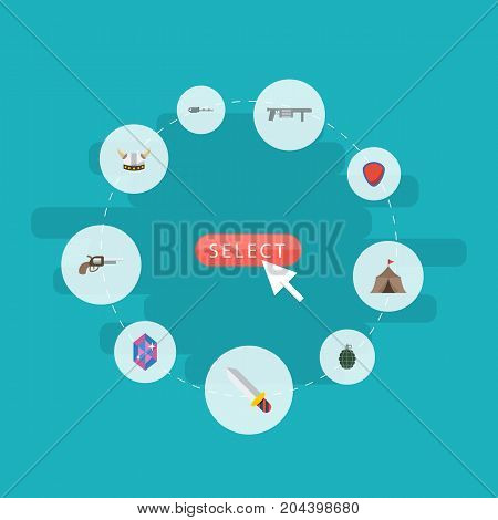 Flat Icons Viking Helmet, Revolver, Tent And Other Vector Elements