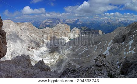 View of from Catinaccio d'Antermoia summit, the highest mountain of Catinaccio group, Dolomites, Trentino, South Tyrol, Italy