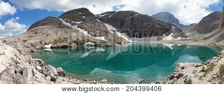 Lago d'Antermoia, a glacial lake in Antermoia valley, Dolomites, South Tyrol, Italy
