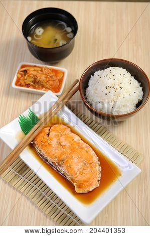 grill salmon and rice and kimchi - japan food