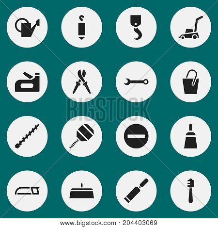 Set Of 16 Editable Instrument Icons. Includes Symbols Such As Grass Cutting Machine, Elevation, Crane And More