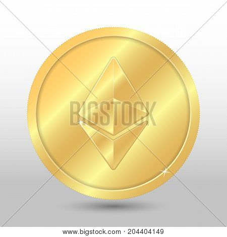 Gold Vector Ethereum Coin On A Gray Background. Virtual Currency