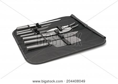 professional kitchen knife set in a case on a white background isolation