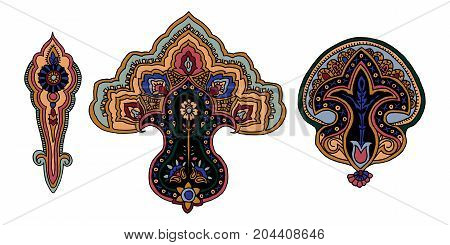 Set of 3 colorful vector paisley elements. Traditional motive of Russia, India, Persia isolated on white background. For your design.
