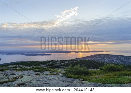 Muted sunrise over Schoodic Peninsula from Cadillac Mountain
