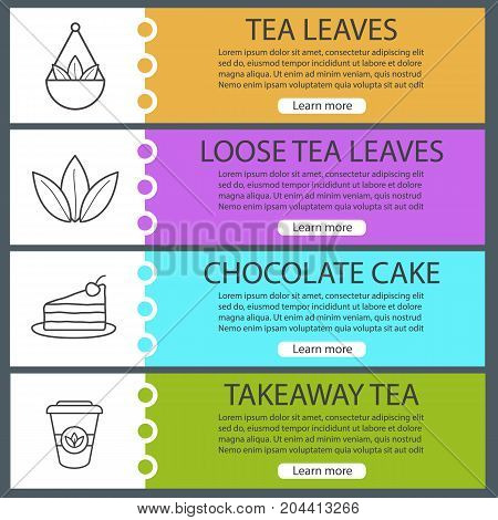 Tea web banner templates set. Loose leaves in bulk, chocolate cake, takeaway paper cup. Website color menu items with linear icons. Vector headers design concepts