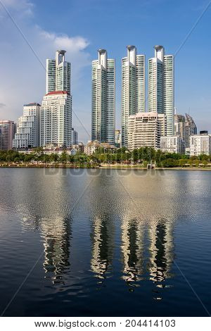 cityscape Suan benja kitti in Bangkok blue sky background Thailand.
