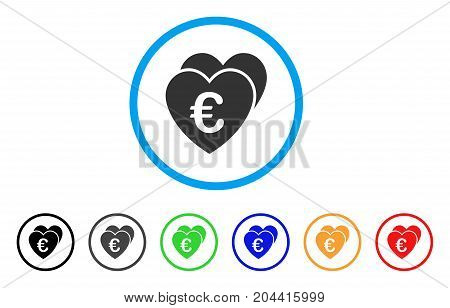 Euro Favorites Hearts icon. Vector illustration style is a flat iconic euro favorites hearts gray rounded symbol inside light blue circle with black, gray, green, blue, red,